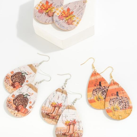 Fall Themed Cork Drop Earrings Leaves in Boots - Picture 2 of 2